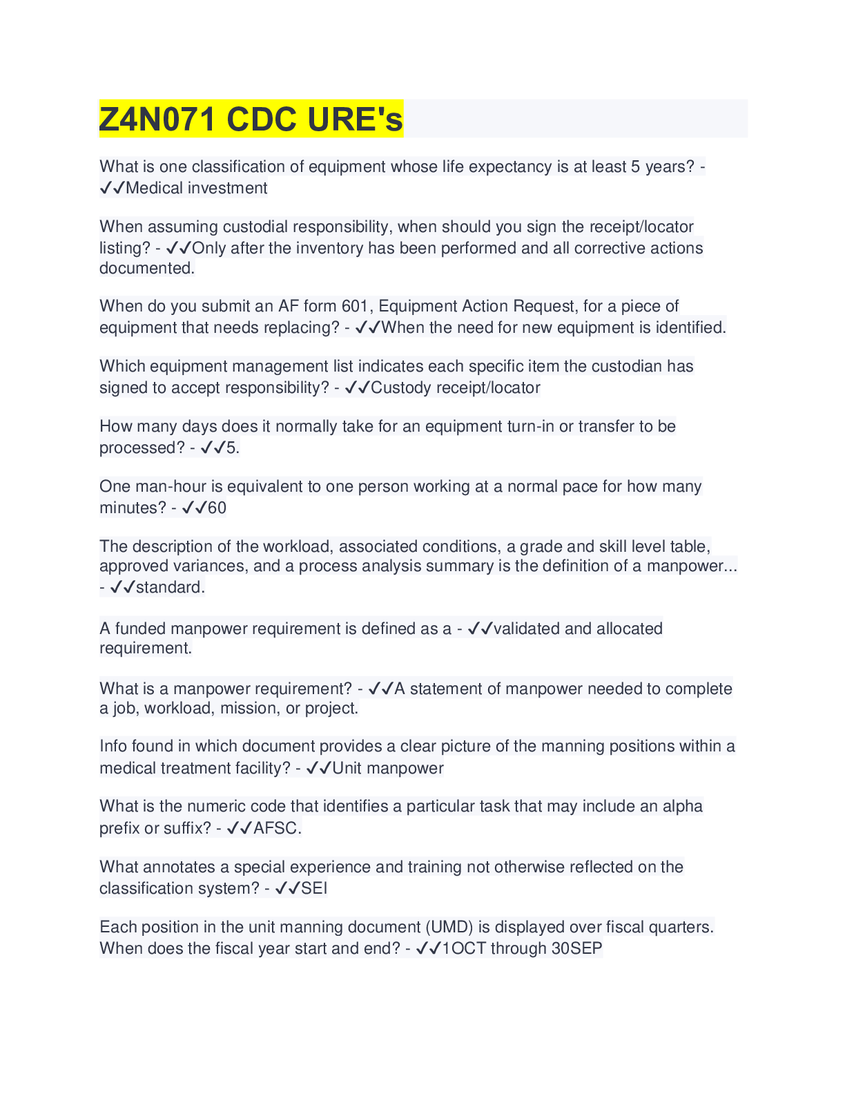 Preview image for Z4N071 CDC URE's (QUESTIONS & ANSWERS)